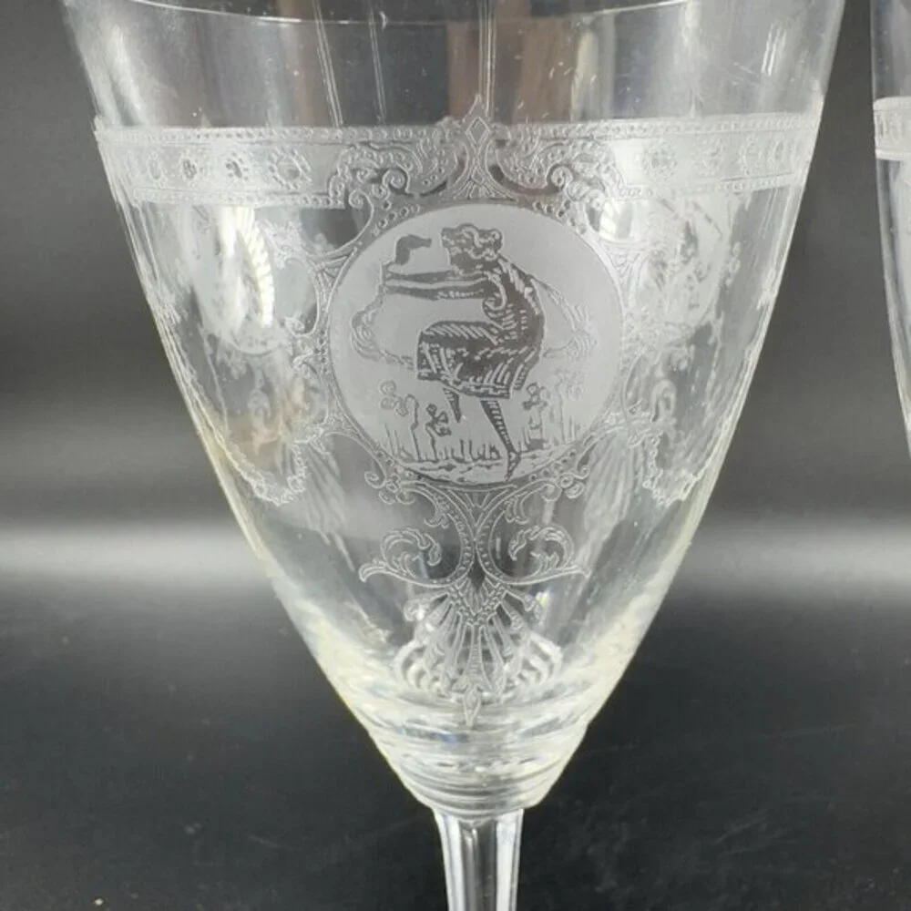 Heisey Pied Piper Etched Crystal Water Goblet Delicate Stemware Glasses Set‎ 2